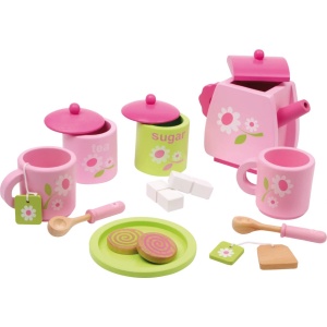 Set de ceai din lemn Small Foot în culori roz și verde, cu ceainic, cești și accesorii pentru jocuri de rol creative și educative.