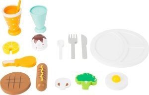 Set de joacă Lunch Break Small Foot din lemn certificat FSC® 100%, incluzând farfurie, tacâmuri, carne, legume, suc de portocale și desert pentru jocuri de rol.