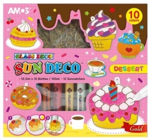Set Glass Deco Deserturi cu vopsele pentru sticlă, captatoare de soare și modele de prăjituri colorate, ideal pentru activități creative și decorațiuni handmade.