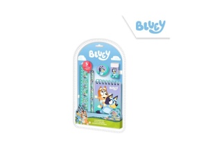 Set de rechizite Bluey cu accesorii pentru scris și desen, decorat cu personajele îndrăgite din serial, ideal pentru școală și activități creative.