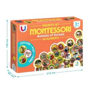 Set magnetic Montessori cu 36 animale din Eurasia ilustrate realist, ideal pentru dezvoltarea vocabularului, logicii și cunoașterii naturii.