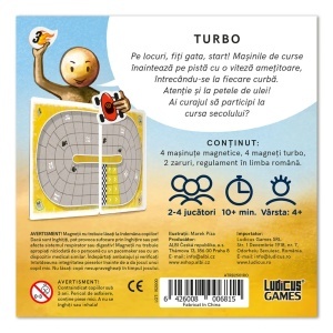 Joc Turbo Magnetic cu patru mașinuțe magnetice colorate, magneți Turbo, două zaruri și tablă compactă de curse.
