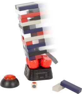 Joc Wobble Tower Dynamite Small Foot cu turn din piese colorate, bază cu efect de vibrație, zar și cronometru pentru partide pline de suspans și îndemânare.