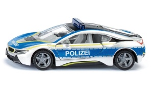 Machetă metalică BMW i8 Police SIKU 2303 cu design sportiv de poliție, detalii realiste ale caroseriei și interiorului, inspirată de celebrul automobil BMW i8.