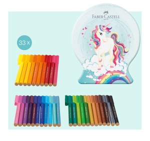 Set 33 carioci Faber-Castell Connector Unicorni – culori vii, conectori și coli de colorat într-o cutie rezistentă, ideală pentru micii artiști.
