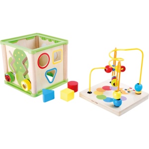 Cub educativ Montessori din lemn cu activități motrice, labirint cu bile, forme geometrice, roți dințate și ceas pentru dezvoltarea copiilor mici.