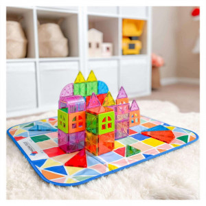 Cutie de depozitare 2 în 1 MAGNA-TILES cu covor de joacă colorat pentru copii 3+ ani – capacitate 300 piese.