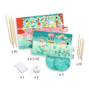 Kit creativ Fireflies Dance de la Djeco cu felinare din hârtie împletită, bețe de bambus, lumânări LED și suporturi decorative cu nuferi pentru realizarea unor decorațiuni luminoase.