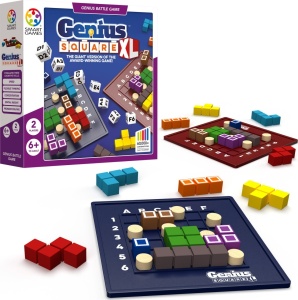 Joc Genius Square XL cu două table de joc, piese puzzle colorate, blocanți și zaruri, conceput pentru provocări logice și strategice cu peste 62.000 de combinații posibile.