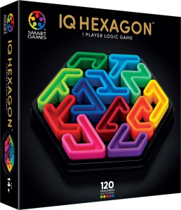 Joc IQ Deluxe Hexagon de la Smart Games cu tablă de joc hexagonală, 12 piese puzzle cu textură moale și broșură cu 120 de provocări logice progresive.