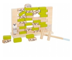 Joc de îndemânare din lemn Wobbly Wall 4 Friends cu animale de la fermă și ciocănele din lemn, ideal pentru dezvoltarea coordonării și concentrării.