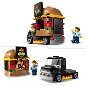 Tonetă mobilă LEGO City cu burger uriaș, camionetă și minifigurine vânzător și client, pregătită pentru aventuri culinare și jocuri de rol creative.