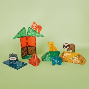 Set Magnetic Play Tiles Safari cu 38 de piese magnetice și figurine de elefant, leu, maimuță, hipopotam și leneș pentru construcții 3D creative.