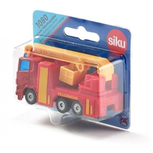 Model miniatural SIKU 1080 camion de pompieri roșu, realizat din metal și plastic, cu scară extensibilă și detalii inspirate de vehiculele reale de intervenție.
