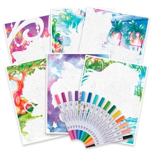 Carte Nebulous Stars pentru colorat după număr, cu 36 de pagini ilustrate și 15 markere cu vârf dublu, destinată activităților creative și dezvoltării atenției la detalii.