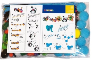 Set creativ Playbox pentru realizarea animalelor din pom-pom, cu materiale colorate, chenille și accesorii, perfect pentru copii.