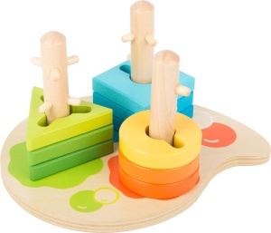 Puzzle educativ din lemn cu forme geometrice colorate și stâlpi mobili pentru dezvoltarea motricității fine și a gândirii logice la copiii mici.