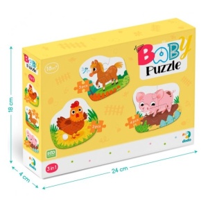 Set puzzle Dodo Ziua la fermă 3 în 1, cu ilustrații colorate ale animalelor de fermă și puzzle-uri progresive de 2, 3 și 4 piese pentru copii mici.