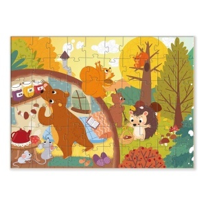 Puzzle Dodo Recolta de Toamnă cu 60 de piese, ilustrând o scenă de pădure în culorile toamnei, cu arici, veverițe, urși și alte animale pregătindu-se pentru iarnă.