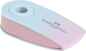 Radieră Faber-Castell Sleeve Mini Flow cu carcasă protectoare din plastic și design compact în culori gradient.