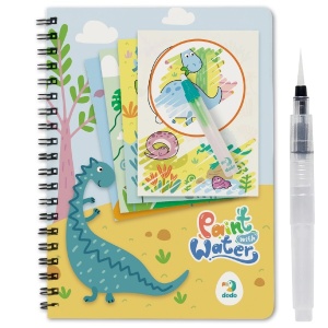 Set de colorat cu apă Dinozauri, cu 8 pagini reutilizabile și marker cu apă, ilustrând dinozauri care devin colorați și vizibili la contactul cu apa.