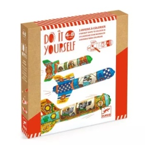 Set DIY Djeco cu trei avioane gonflabile din hârtie decorate cu desene colorate, însoțite de paie pentru umflare și lansare.