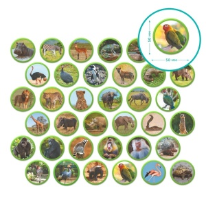 Set magnetic Montessori cu 36 animale africane ilustrate realist, pentru dezvoltarea vocabularului, logicii și cunoașterii naturii la copii.