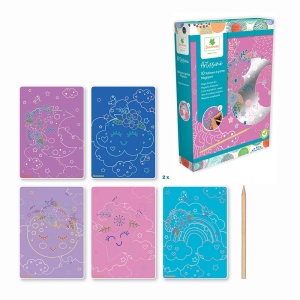 Set Artissimo cu 10 planșe răzuibile magice, suprafețe strălucitoare, instrument din lemn și carte cu modele pentru activități creative pentru copii.