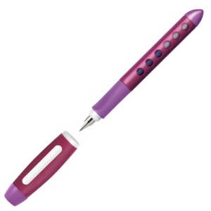 Stilou școlar Faber-Castell pentru dreptaci, culoare albastru, cu grip ergonomic și peniță din iridiu, recomandat pentru dezvoltarea abilităților de scriere la copii.