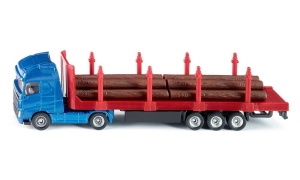Model miniatural SIKU 1659 transportor de bușteni, realizat predominant din metal, cu detalii inspirate de vehiculele forestiere utilizate pentru transportul lemnului.