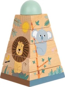 Turn de stivuire Safari din lemn cu girafă, zebră, leu și koala, ideal pentru dezvoltarea coordonării și motricității copiilor mici.