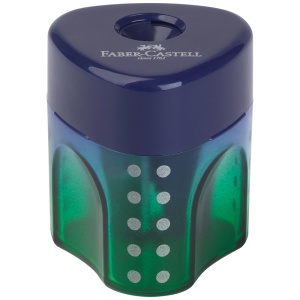 Ascuțitoare simplă Faber-Castell Grip Trend Flow Mini cu rezervor integrat, zonă Grip și design compact colorat.
