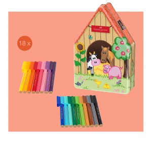 Set Faber-Castell cu 18 carioci colorate, prezentat în ambalaj cu tematică Fermă și ilustrații cu animale.