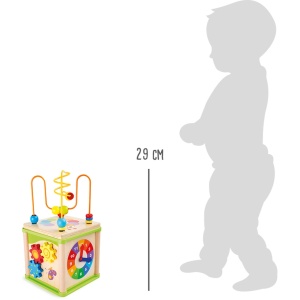 Cub educativ Montessori din lemn cu activități motrice, labirint cu bile, forme geometrice, roți dințate și ceas pentru dezvoltarea copiilor mici.
