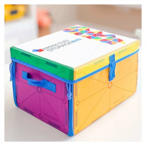 Cutie de depozitare 2 în 1 MAGNA-TILES cu covor de joacă colorat pentru copii 3+ ani – capacitate 300 piese.