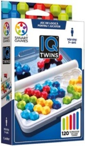 Joc IQ Twins de la Smart Games cu tablă compactă, 10 piese puzzle colorate organizate în perechi și broșură cu 120 de provocări logice pentru copii și adulți.
