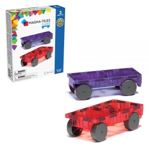 Set MAGNA-TILES In Motion cu 2 mașinuțe magnetice roșu și mov pentru construirea vehiculelor, pistelor și proiectelor STEM creative.