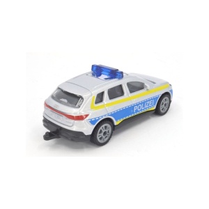 Machetă Audi Q4 e-tron Police SIKU 1552 în culori alb-albastru, cu inscripția POLICE și detalii realiste inspirate de vehiculele moderne ale poliției.