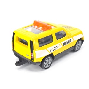 Mașină Land Rover Defender galben SIKU 1568, model metalic cu design ÖAMTC, roți cauciucate și cârlig de remorcare pentru copii și colecționari.