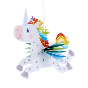 Set creativ Origami cu Unicorni HABA pentru copii, cu materiale pentru realizarea a 6 unicorni zburători și instrucțiuni ilustrate.