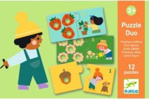 Puzzle Duo First Figures de la Djeco cu piese ilustrate și elemente tactile pentru asocierea numerelor cu cantitățile și învățarea prin explorare senzorială.