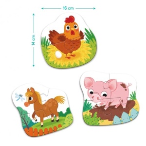 Set puzzle Dodo Ziua la fermă 3 în 1, cu ilustrații colorate ale animalelor de fermă și puzzle-uri progresive de 2, 3 și 4 piese pentru copii mici.