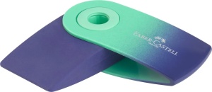 Radieră Faber-Castell Sleeve Mini Flow cu carcasă protectoare din plastic și design compact în culori gradient.