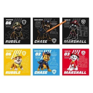 Set creativ de răzuit Paw Patrol Dodo Toys cu 3 planșe și creion special pentru descoperirea imaginilor colorate cu personajele Patrula Cățelușilor.