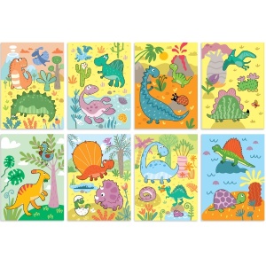 Set de colorat cu apă Dinozauri, cu 8 pagini reutilizabile și marker cu apă, ilustrând dinozauri care devin colorați și vizibili la contactul cu apa.