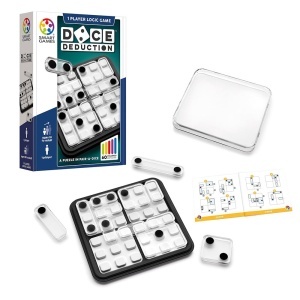 Joc Smart Games Dice Deduction cu tablă de joc, fețe de zar și piese transparente utilizate pentru rezolvarea provocărilor logice și matematice.