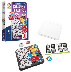 Joc de logică Smart Games Quantum cu tablă de joc, piese colorate față-verso și plăci de provocare pentru rezolvarea puzzle-urilor logice.