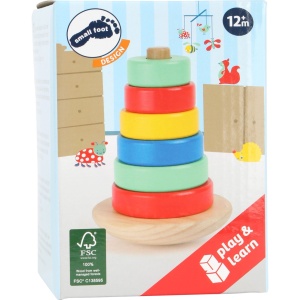Turn de stivuire din lemn FSC® 100% cu piese colorate pentru sortare și construcție, ideal pentru dezvoltarea motricității și coordonării copiilor.