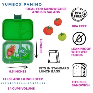 Yumbox Panino Jurassic Green – cutie de prânz bento verde cu tematică de dinozauri, 4 compartimente etanșe și tavă detașabilă, sigură pentru copii.