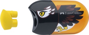 Ascuțitoare Faber-Castell din plastic, cu design Vultur, două orificii pentru creioane, recipient pentru reziduuri și radieră integrată.